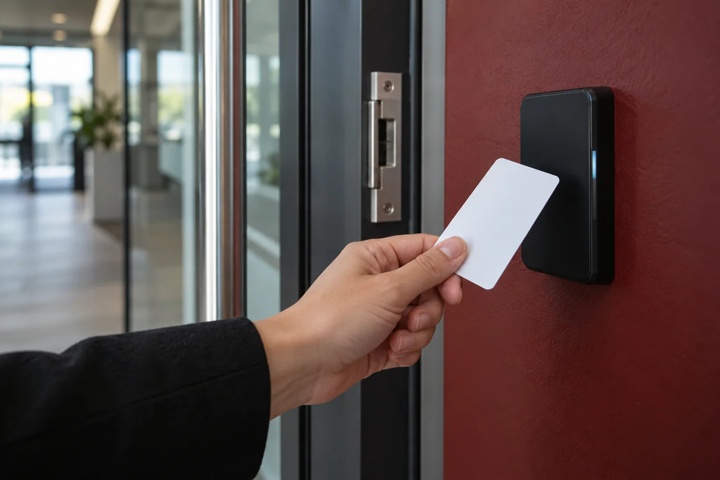 Access card presented to a reader beside a glass office door. Project concept.