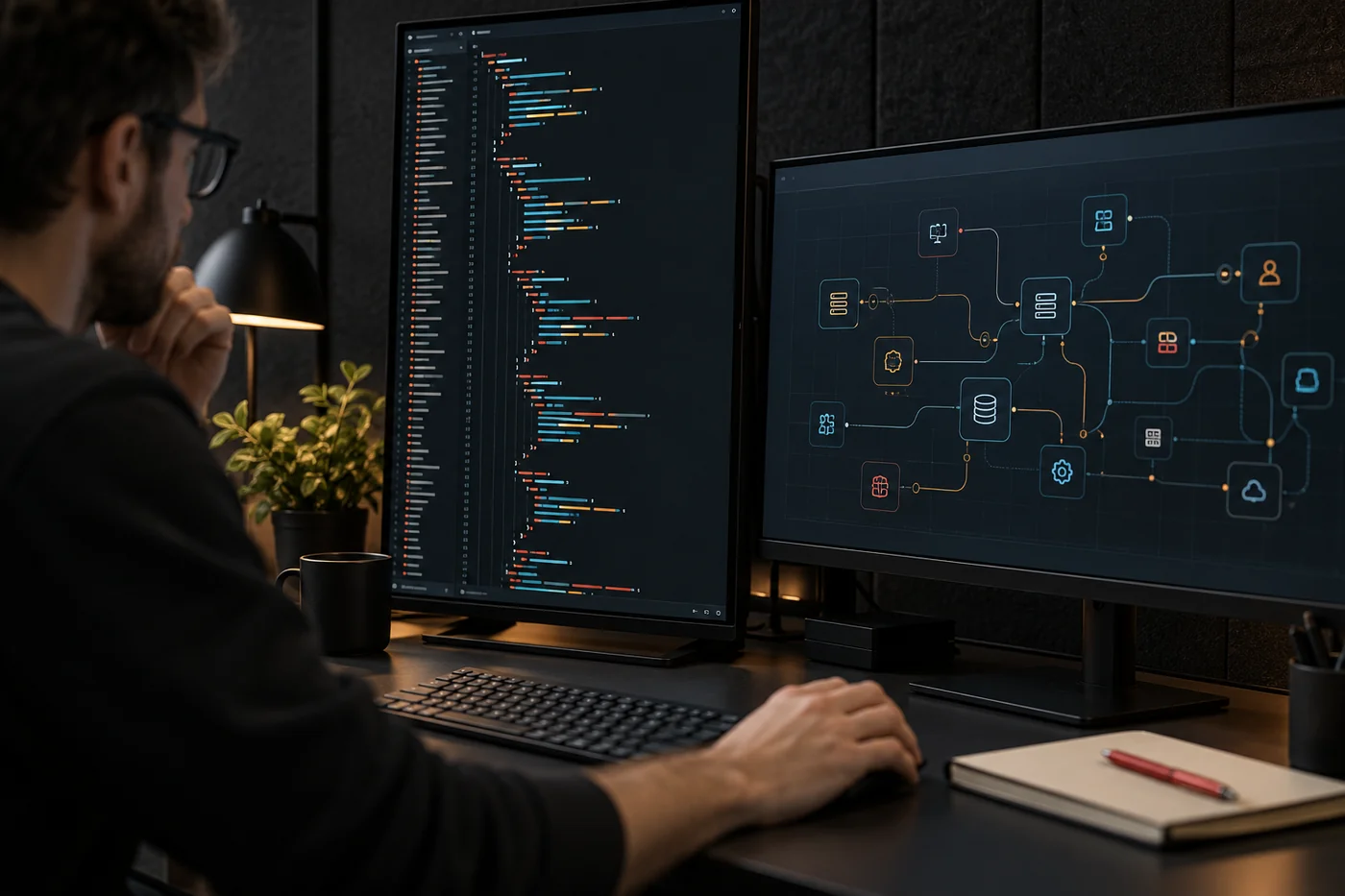 Developer workstation with structured data and a system connection diagram Project concept.