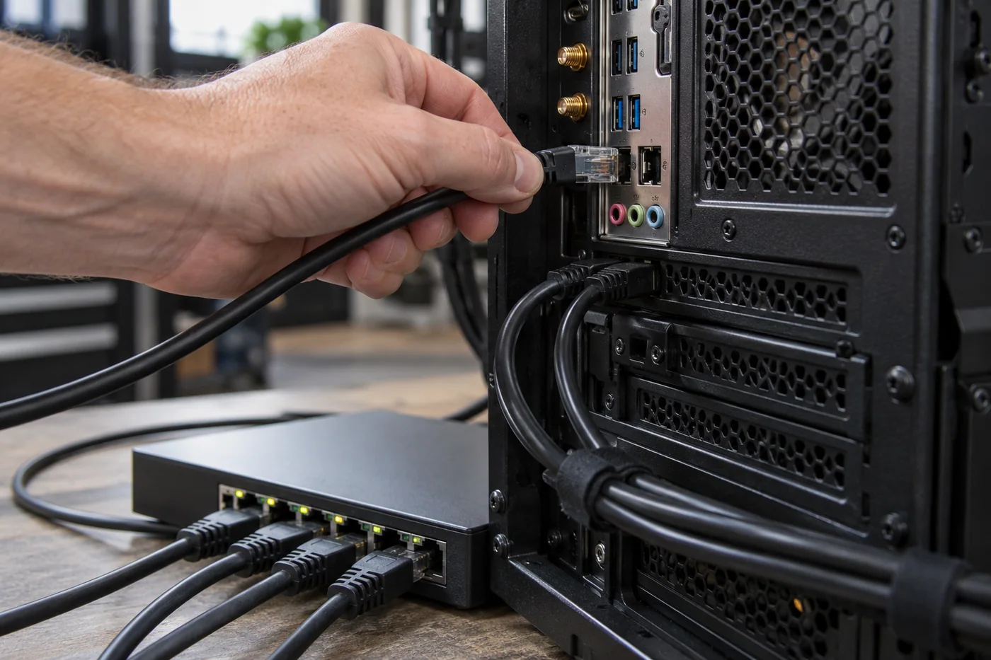 Ethernet cable connected to the rear of a PC beside a network switch. Project concept.