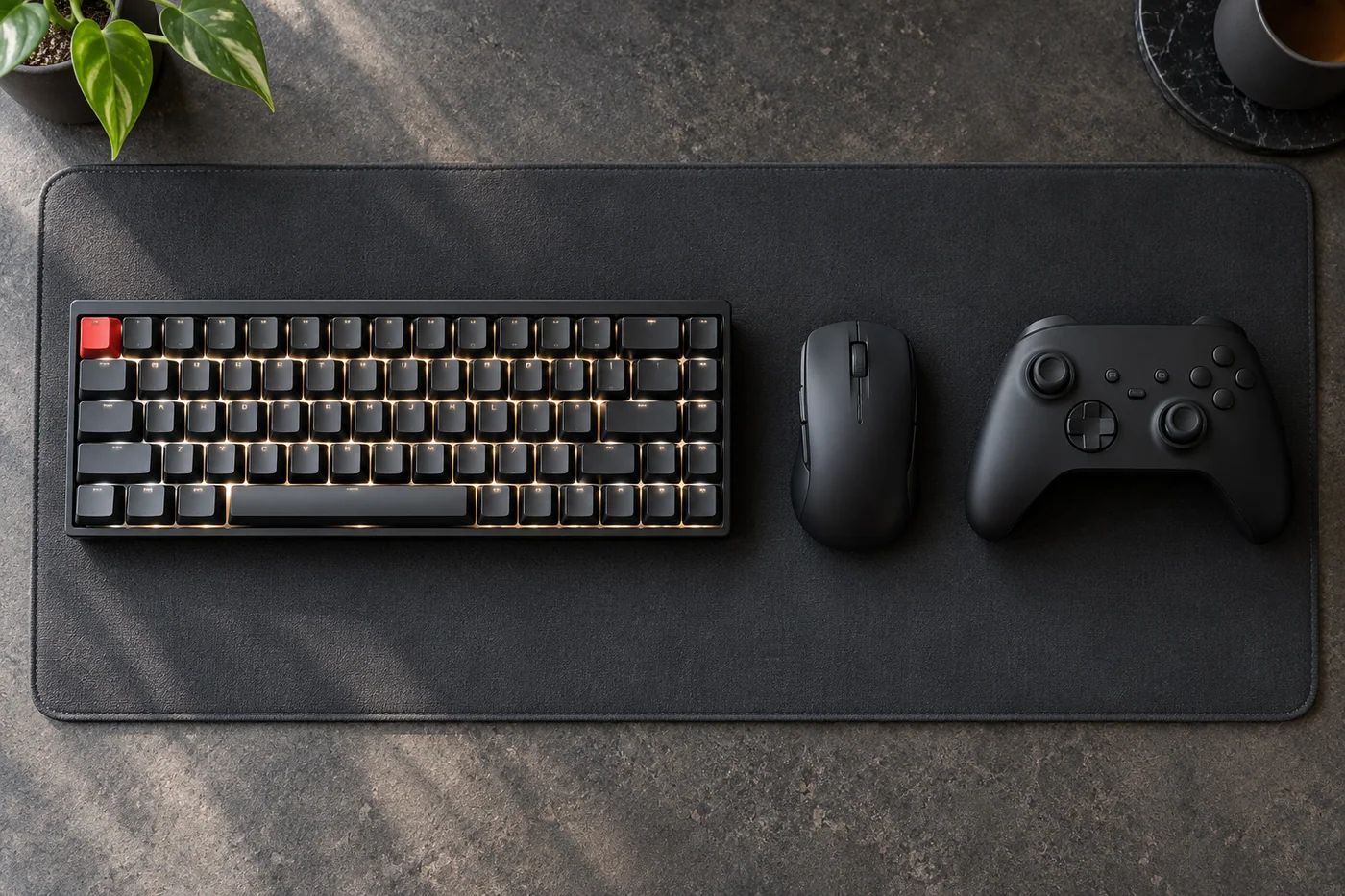 Compact keyboard, ergonomic mouse and controller arranged on a charcoal desk. Project concept.