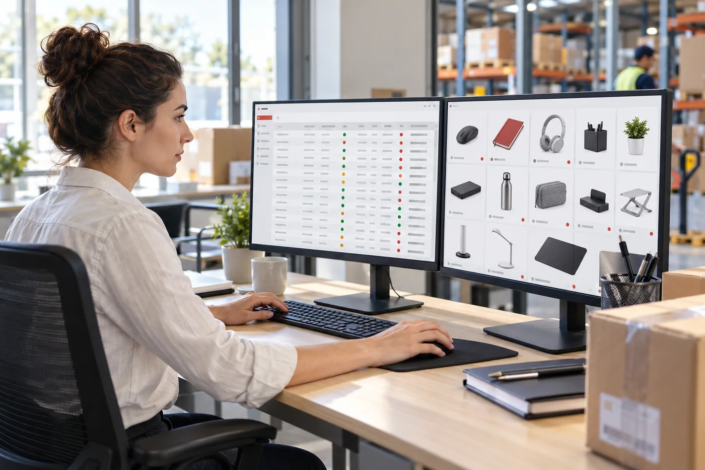 Data administrator reviewing product records and catalog images in a distribution office Project concept.