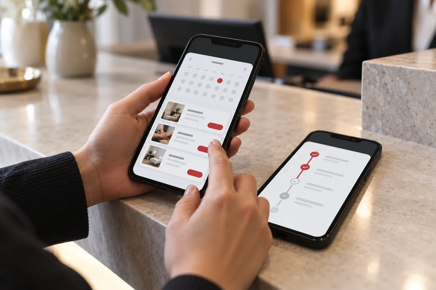 Two smartphones showing appointment booking and visit status interfaces Project concept.