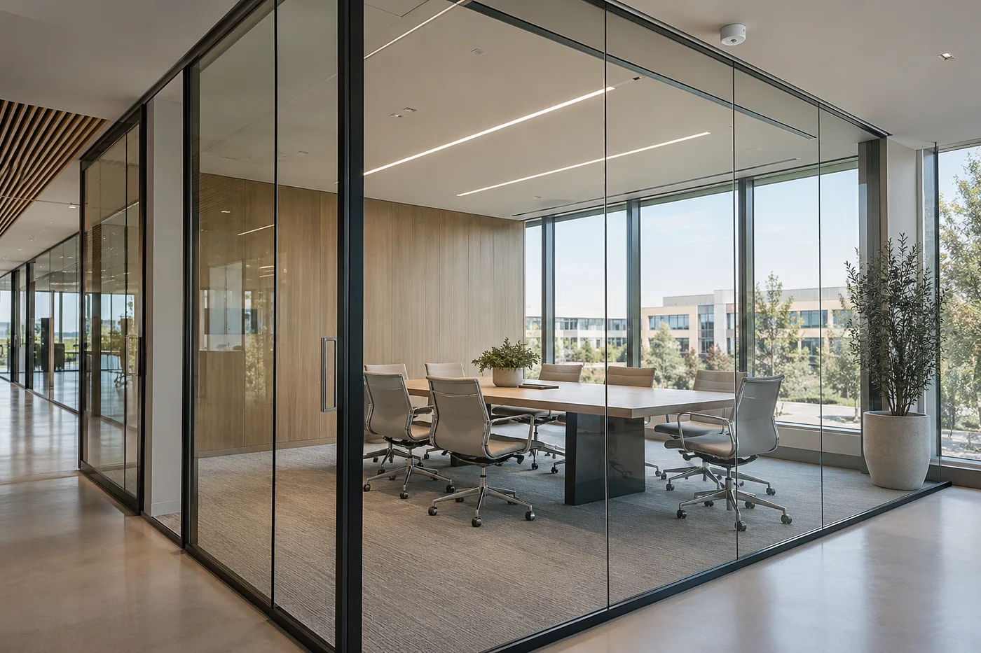 Glass meeting room with an occupancy sensor and controlled ceiling lights. Project concept.