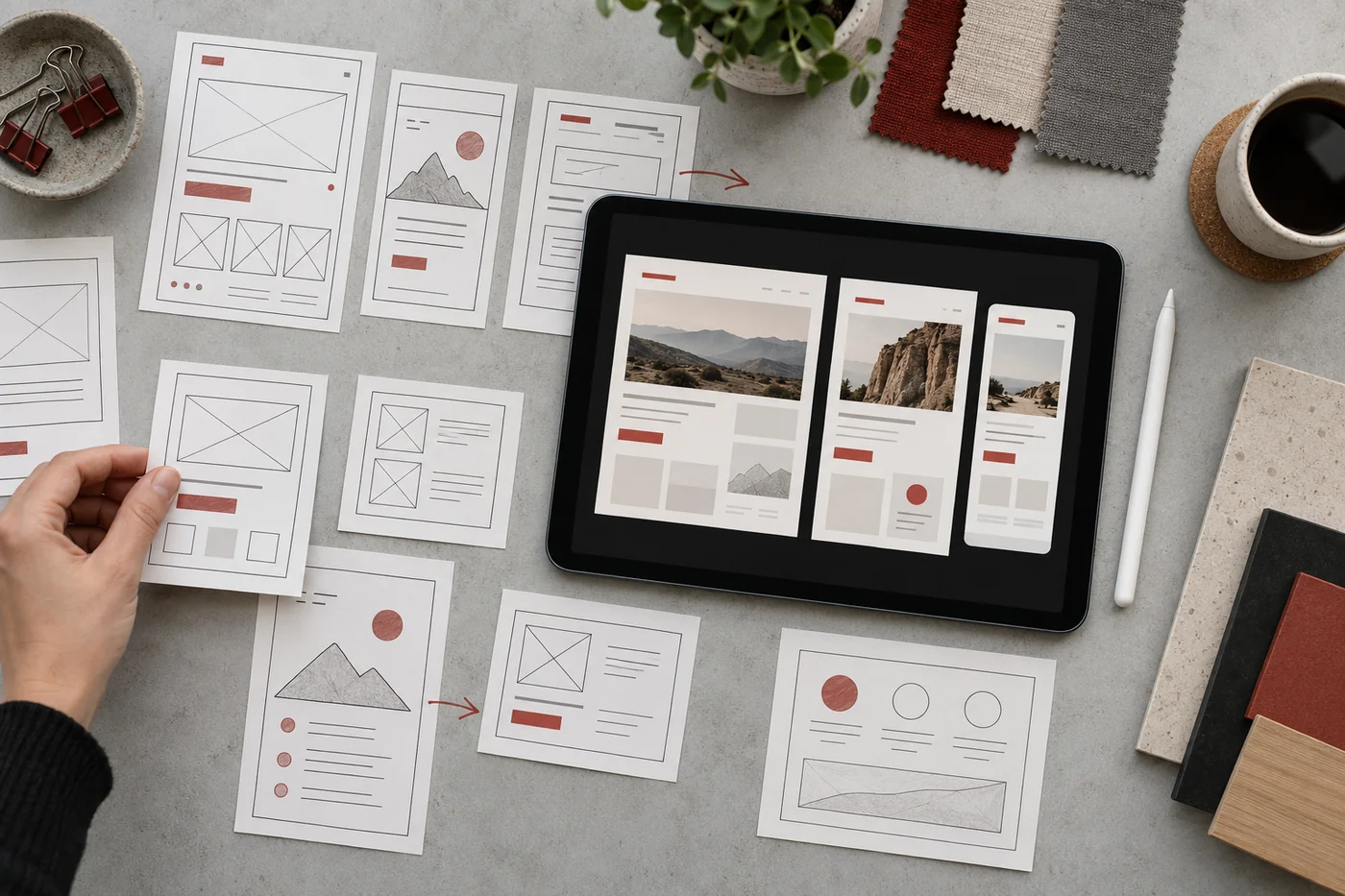 Top-down design workshop with wireframe cards, a tablet and a stylus Project concept.